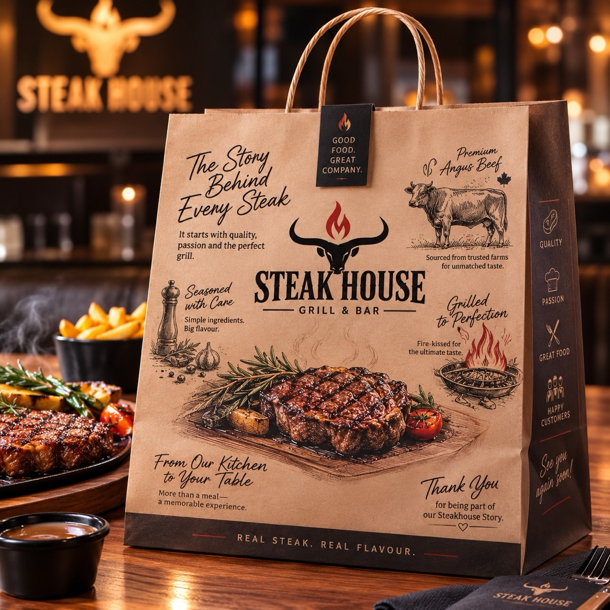 Richly printed steakhouse bag on a restaurant table beside plated steaks